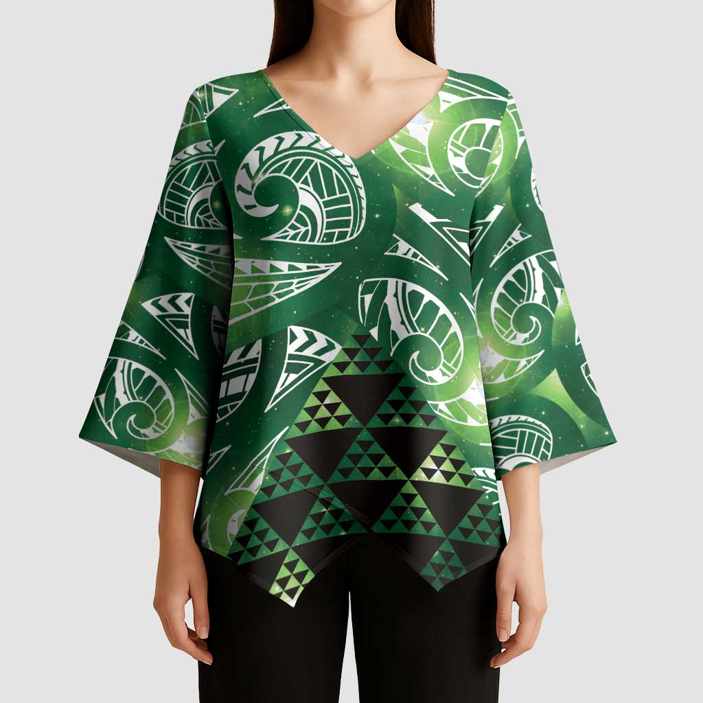 Matariki New Zealand Kimono Sleeve Blouse NZ Niho Taniwha Maori New Year Green Galaxy