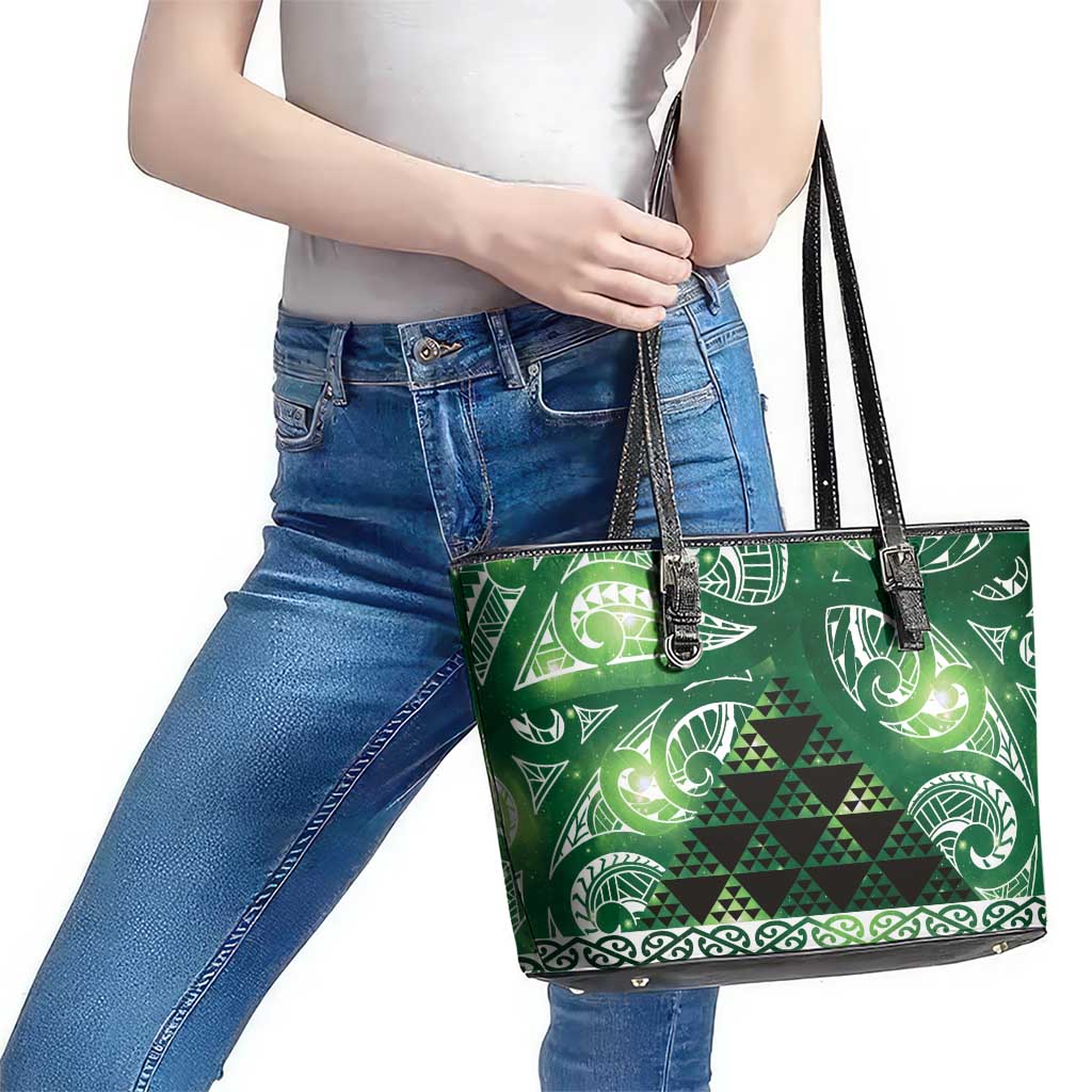 Matariki New Zealand Leather Tote Bag NZ Niho Taniwha Maori New Year Green Galaxy
