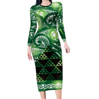 Matariki New Zealand Long Sleeve Bodycon Dress NZ Niho Taniwha Maori New Year Green Galaxy