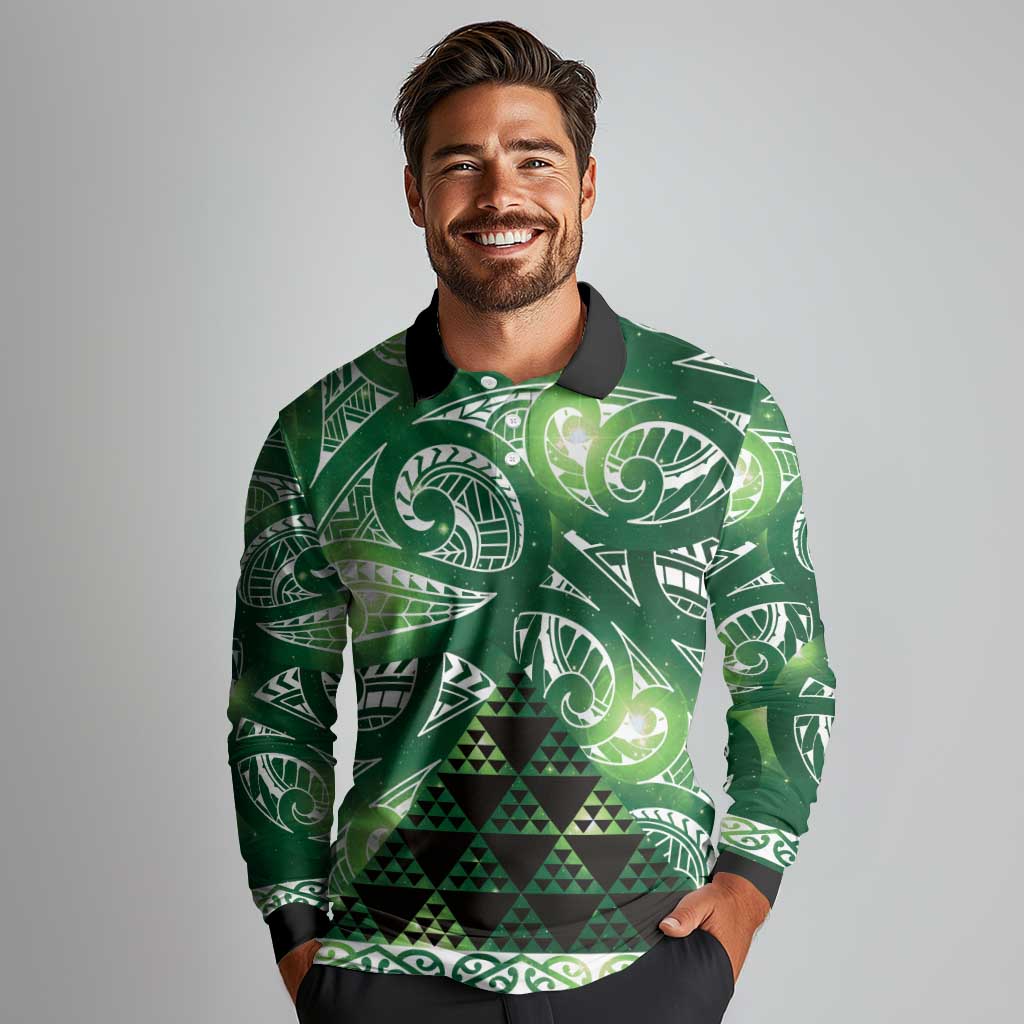 Matariki New Zealand Long Sleeve Polo Shirt NZ Niho Taniwha Maori New Year Green Galaxy