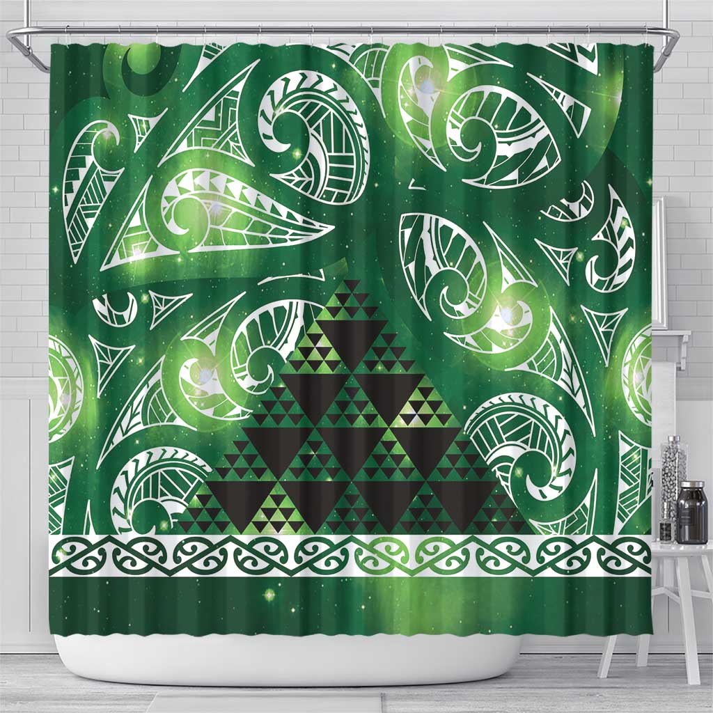 Matariki New Zealand Shower Curtain NZ Niho Taniwha Maori New Year Green Galaxy