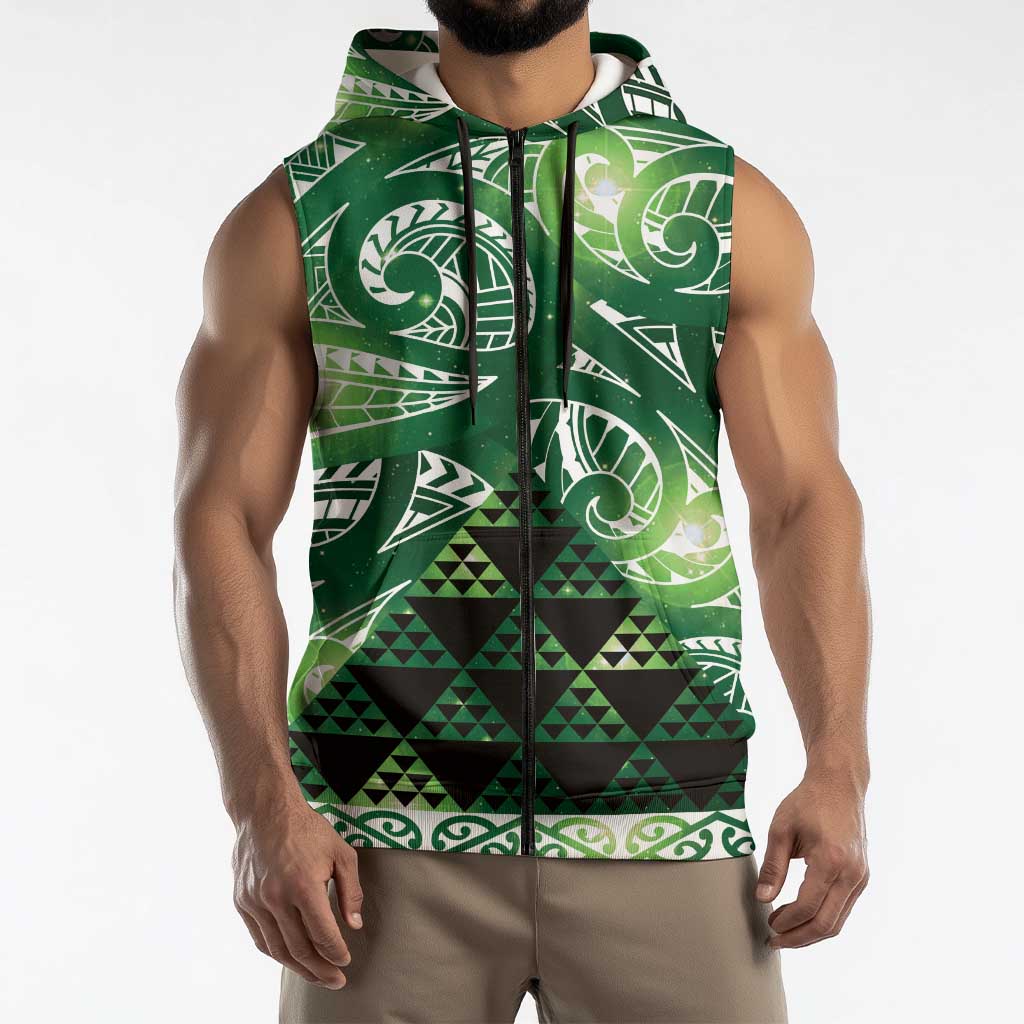 Matariki New Zealand Sleeveless Zip Hoodie NZ Niho Taniwha Maori New Year Green Galaxy