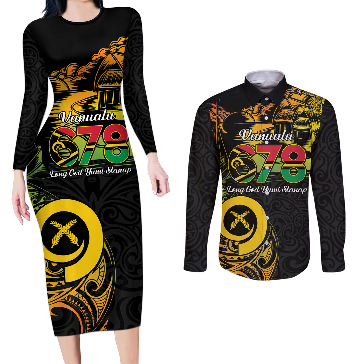Personalised Vanuatu 678 Couples Matching Long Sleeve Bodycon Dress and Long Sleeve Button Shirt Proud To Be A Ni-Van