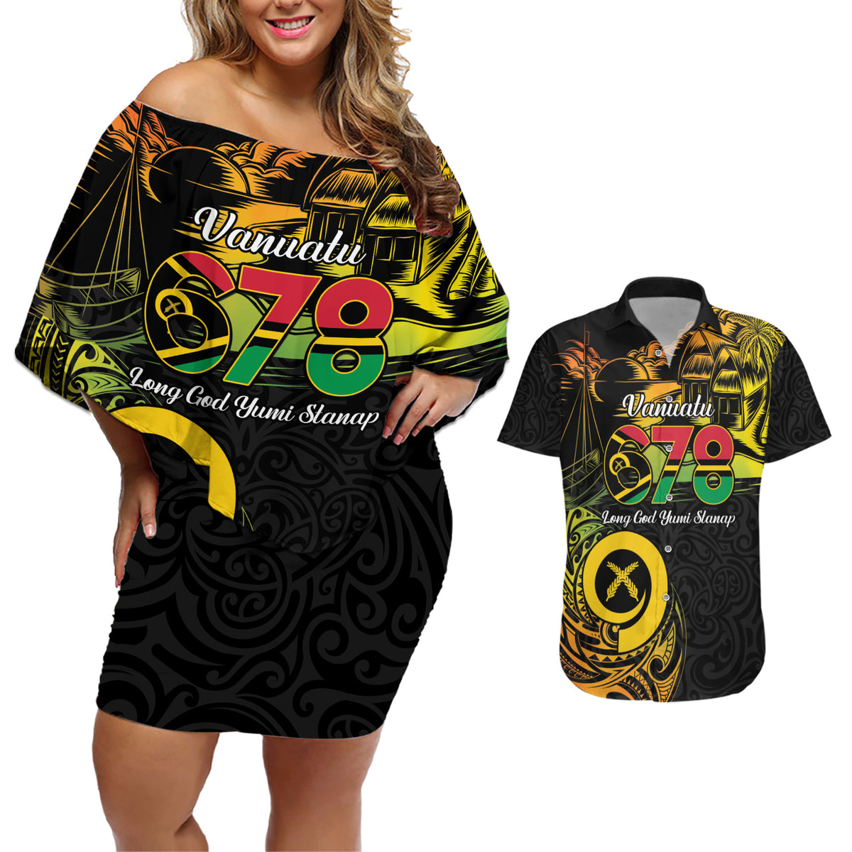 Personalised Vanuatu 678 Couples Matching Off Shoulder Short Dress and Hawaiian Shirt Proud To Be A Ni-Van