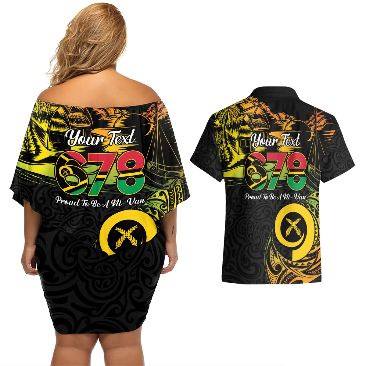 Personalised Vanuatu 678 Couples Matching Off Shoulder Short Dress and Hawaiian Shirt Proud To Be A Ni-Van