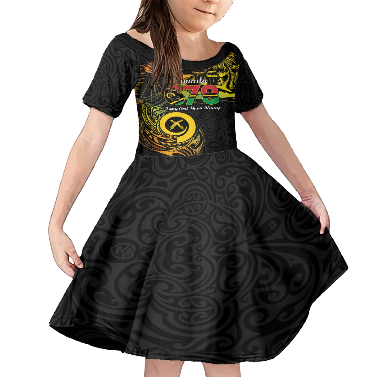 Personalised Vanuatu 678 Family Matching Off Shoulder Short Dress and Hawaiian Shirt Proud To Be A Ni-Van LT14 Daughter's Dress Black - Polynesian Pride