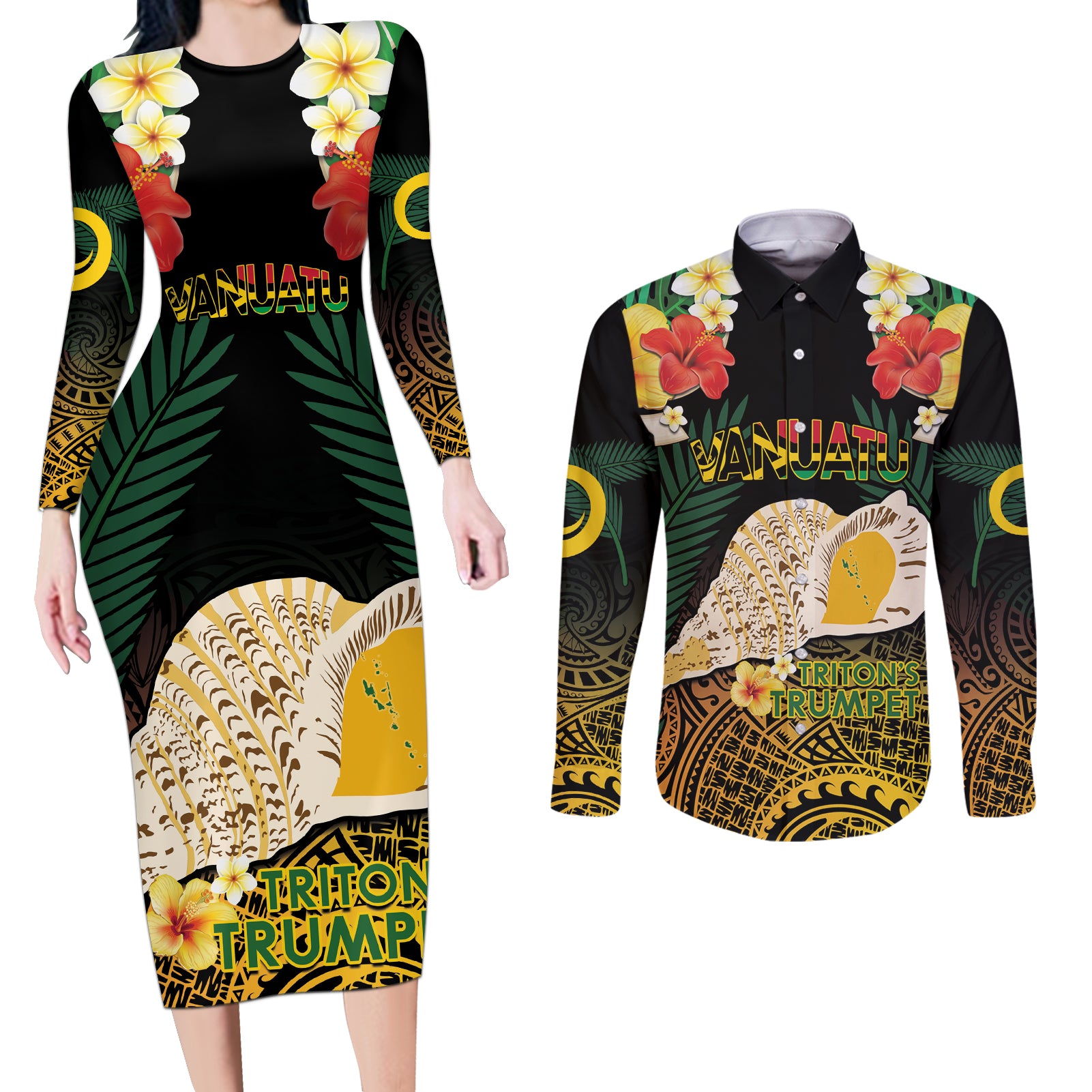 Vanuatu Triton's Trumpet Couples Matching Long Sleeve Bodycon Dress and Long Sleeve Button Shirt Tropical Flowers Vanuatuan Map