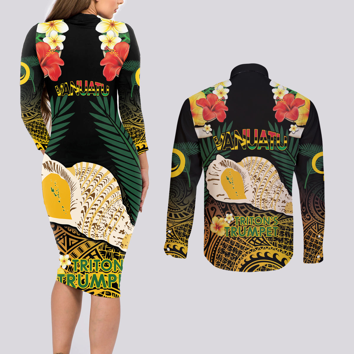 Vanuatu Triton's Trumpet Couples Matching Long Sleeve Bodycon Dress and Long Sleeve Button Shirt Tropical Flowers Vanuatuan Map