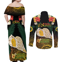 Vanuatu Triton's Trumpet Couples Matching Off Shoulder Maxi Dress and Long Sleeve Button Shirt Tropical Flowers Vanuatuan Map
