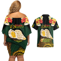 Vanuatu Triton's Trumpet Couples Matching Off Shoulder Short Dress and Hawaiian Shirt Tropical Flowers Vanuatuan Map