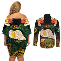 Vanuatu Triton's Trumpet Couples Matching Off Shoulder Short Dress and Long Sleeve Button Shirt Tropical Flowers Vanuatuan Map