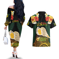 Vanuatu Triton's Trumpet Couples Matching Off The Shoulder Long Sleeve Dress and Hawaiian Shirt Tropical Flowers Vanuatuan Map