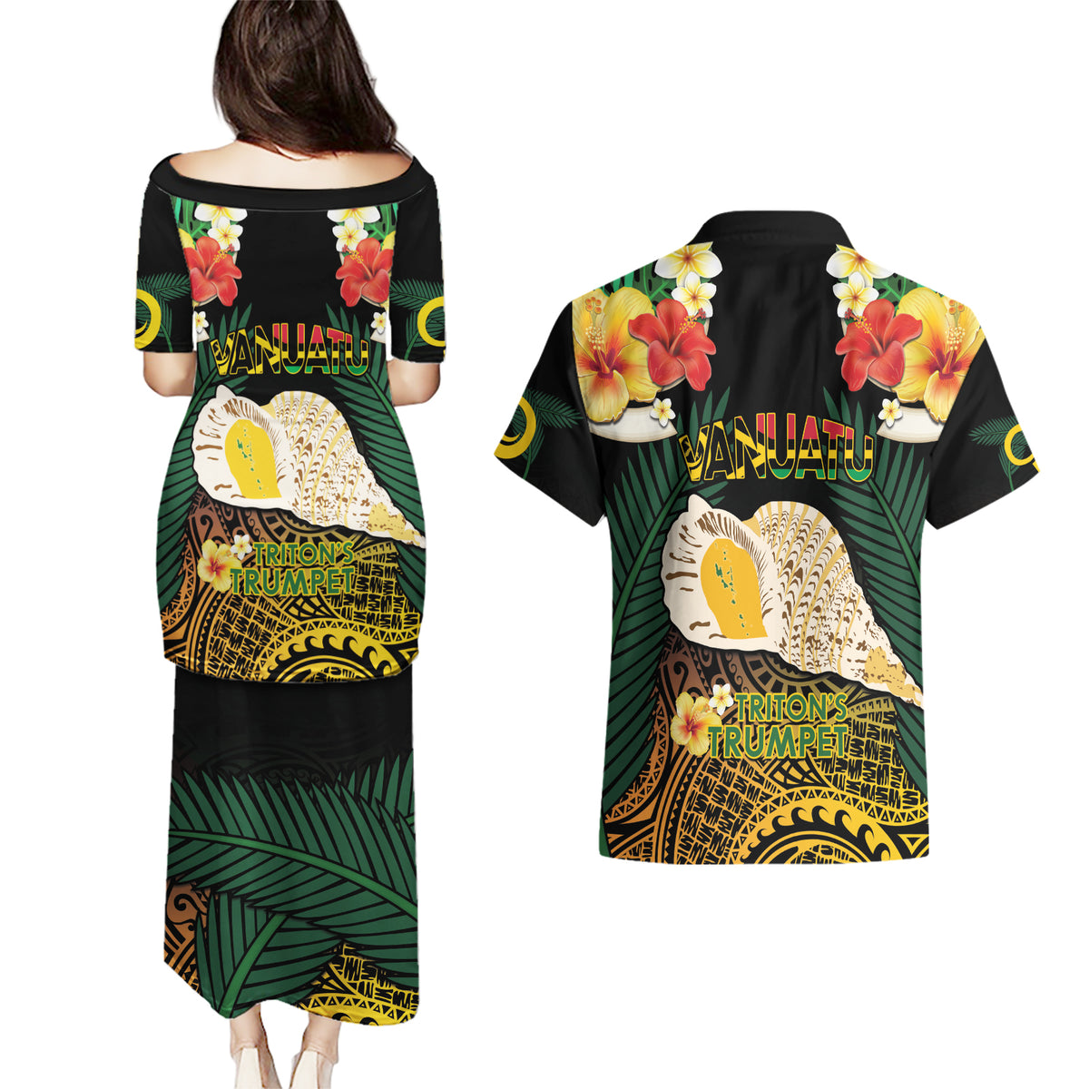Vanuatu Triton's Trumpet Couples Matching Puletasi and Hawaiian Shirt Tropical Flowers Vanuatuan Map
