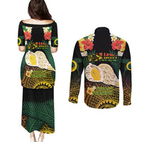 Vanuatu Triton's Trumpet Couples Matching Puletasi and Long Sleeve Button Shirt Tropical Flowers Vanuatuan Map