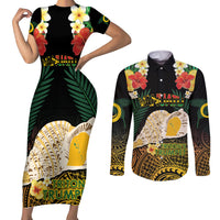 Vanuatu Triton's Trumpet Couples Matching Short Sleeve Bodycon Dress and Long Sleeve Button Shirt Tropical Flowers Vanuatuan Map