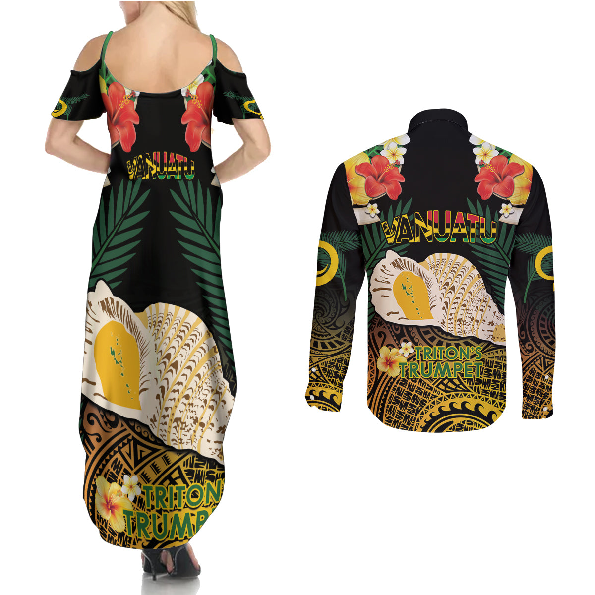 Vanuatu Triton's Trumpet Couples Matching Summer Maxi Dress and Long Sleeve Button Shirt Tropical Flowers Vanuatuan Map