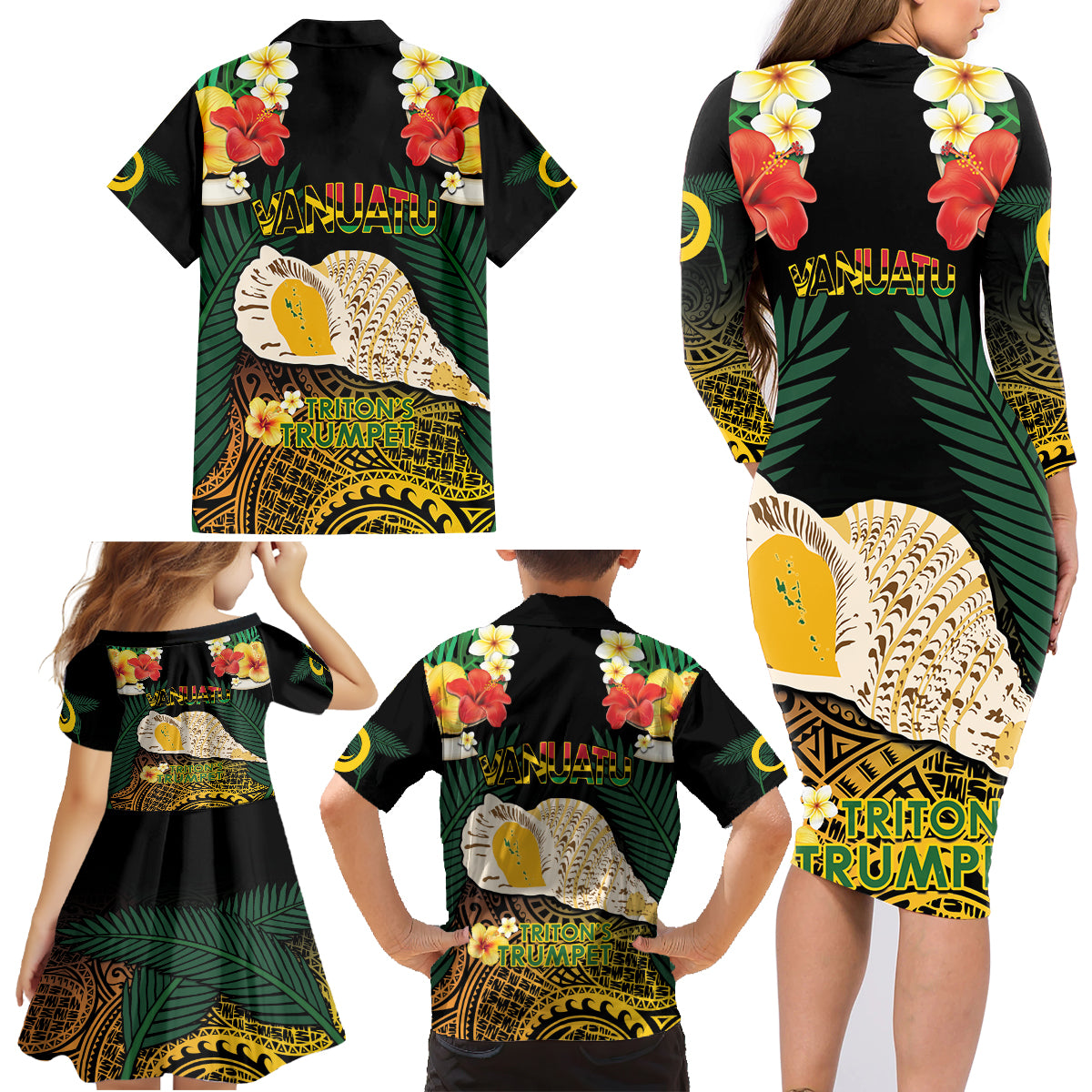 Vanuatu Triton's Trumpet Family Matching Long Sleeve Bodycon Dress and Hawaiian Shirt Tropical Flowers Vanuatuan Map LT14 - Polynesian Pride