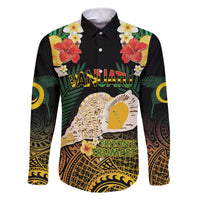 Vanuatu Triton's Trumpet Family Matching Long Sleeve Bodycon Dress and Hawaiian Shirt Tropical Flowers Vanuatuan Map LT14 Dad's Shirt - Long Sleeve Black - Polynesian Pride