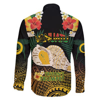 Vanuatu Triton's Trumpet Family Matching Long Sleeve Bodycon Dress and Hawaiian Shirt Tropical Flowers Vanuatuan Map LT14 - Polynesian Pride
