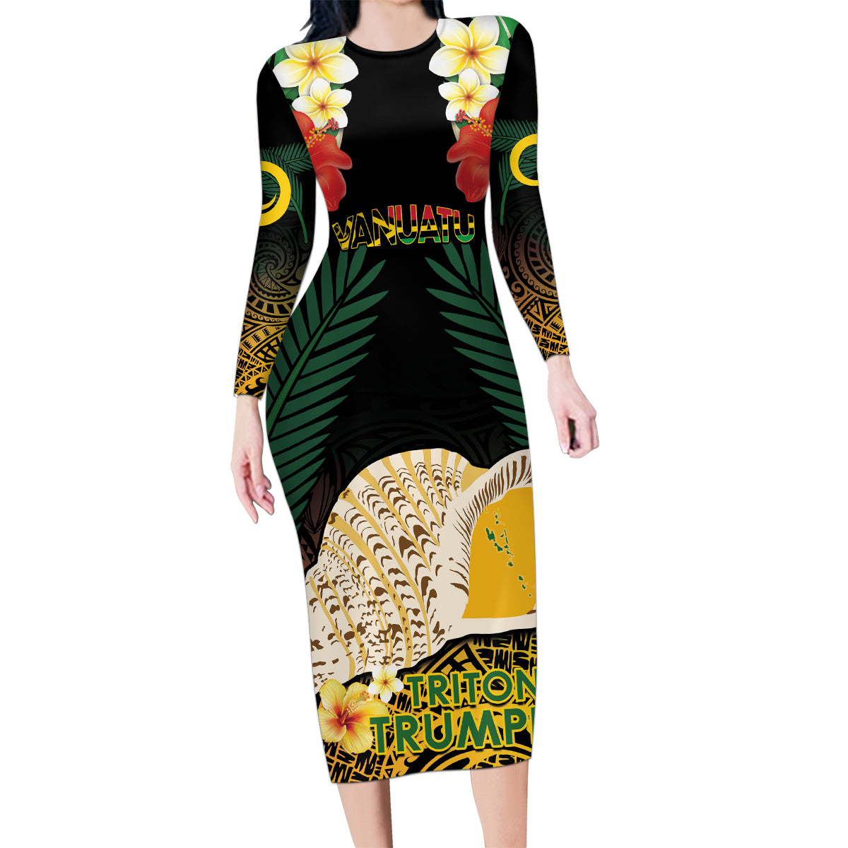 Vanuatu Triton's Trumpet Family Matching Long Sleeve Bodycon Dress and Hawaiian Shirt Tropical Flowers Vanuatuan Map LT14 Mom's Dress Black - Polynesian Pride