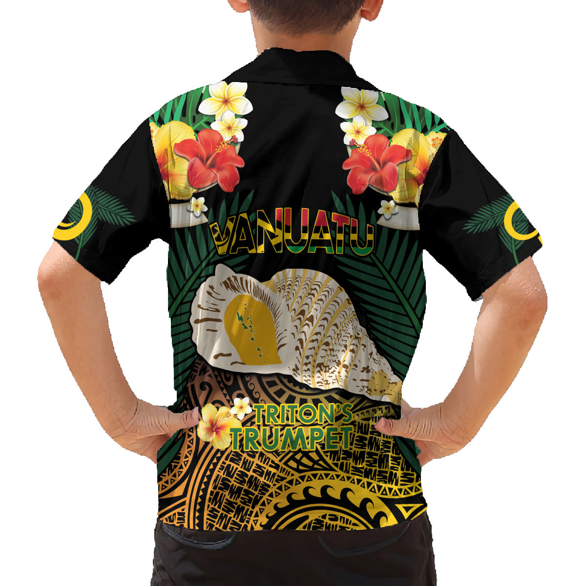 Vanuatu Triton's Trumpet Family Matching Off The Shoulder Long Sleeve Dress and Hawaiian Shirt Tropical Flowers Vanuatuan Map LT14 - Polynesian Pride