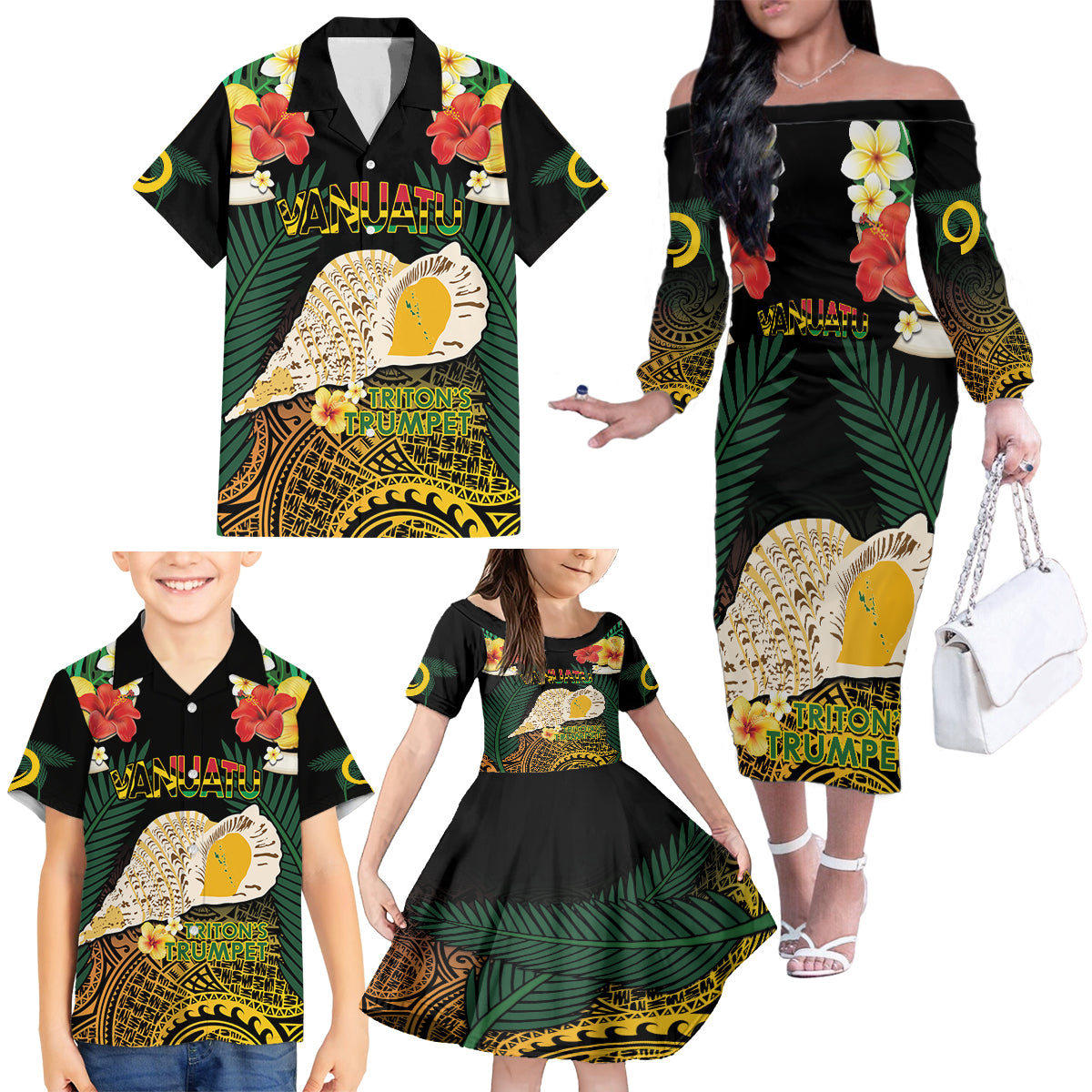 Vanuatu Triton's Trumpet Family Matching Off The Shoulder Long Sleeve Dress and Hawaiian Shirt Tropical Flowers Vanuatuan Map LT14 - Polynesian Pride