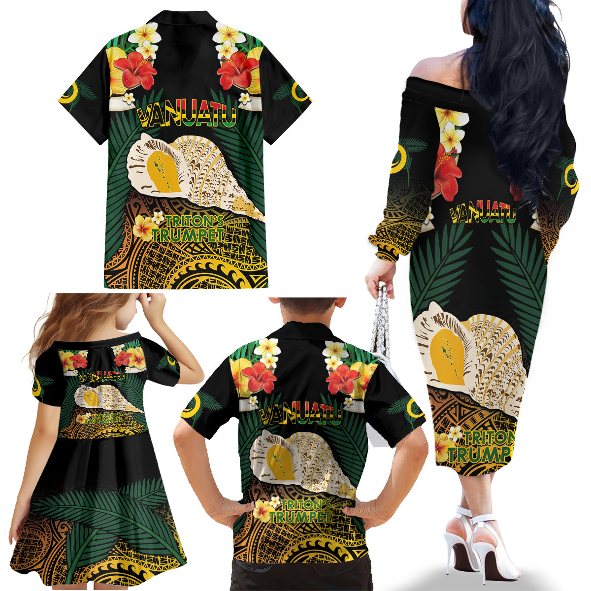 Vanuatu Triton's Trumpet Family Matching Off The Shoulder Long Sleeve Dress and Hawaiian Shirt Tropical Flowers Vanuatuan Map LT14 - Polynesian Pride