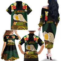 Vanuatu Triton's Trumpet Family Matching Off The Shoulder Long Sleeve Dress and Hawaiian Shirt Tropical Flowers Vanuatuan Map LT14 - Polynesian Pride
