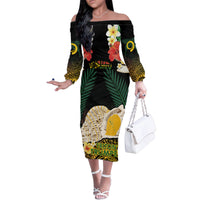 Vanuatu Triton's Trumpet Family Matching Off The Shoulder Long Sleeve Dress and Hawaiian Shirt Tropical Flowers Vanuatuan Map LT14 Mom's Dress Black - Polynesian Pride