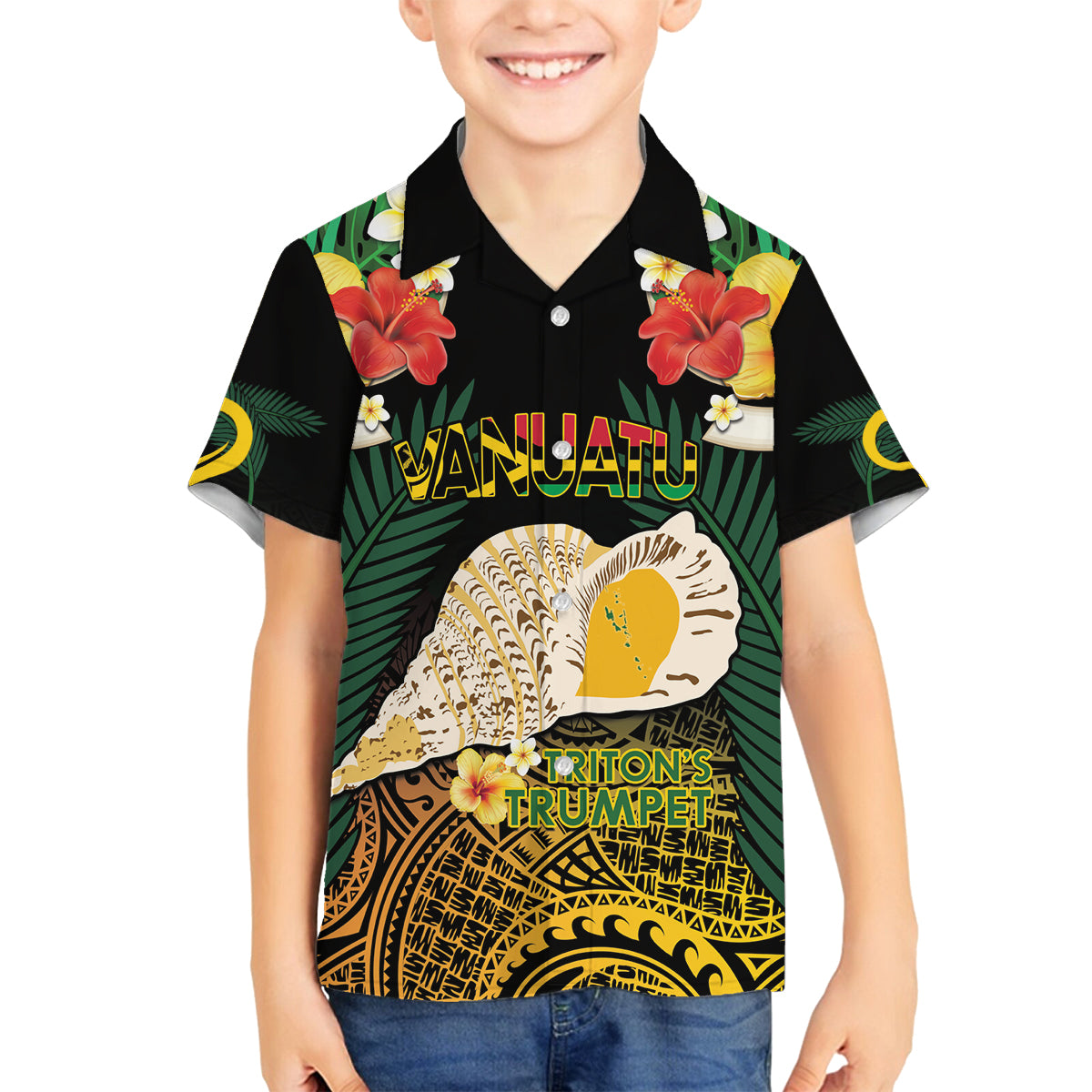 Vanuatu Triton's Trumpet Family Matching Off The Shoulder Long Sleeve Dress and Hawaiian Shirt Tropical Flowers Vanuatuan Map LT14 Son's Shirt Black - Polynesian Pride