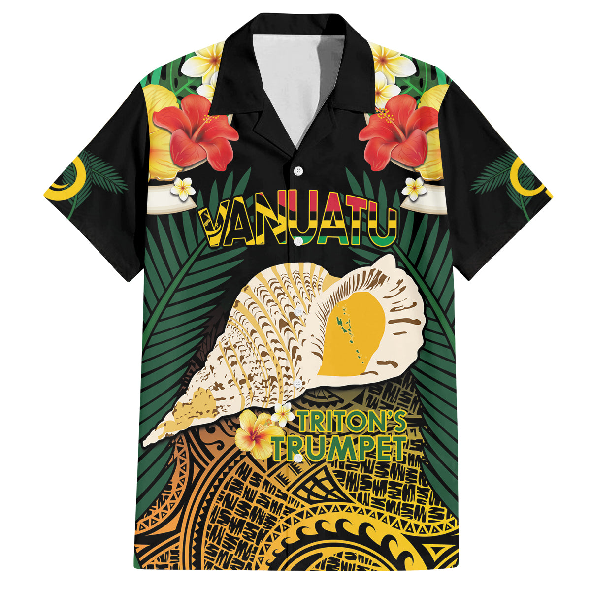 Vanuatu Triton's Trumpet Family Matching Off Shoulder Short Dress and Hawaiian Shirt Tropical Flowers Vanuatuan Map LT14 Dad's Shirt - Short Sleeve Black - Polynesian Pride