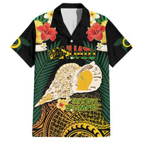Vanuatu Triton's Trumpet Family Matching Off Shoulder Short Dress and Hawaiian Shirt Tropical Flowers Vanuatuan Map LT14 Dad's Shirt - Short Sleeve Black - Polynesian Pride