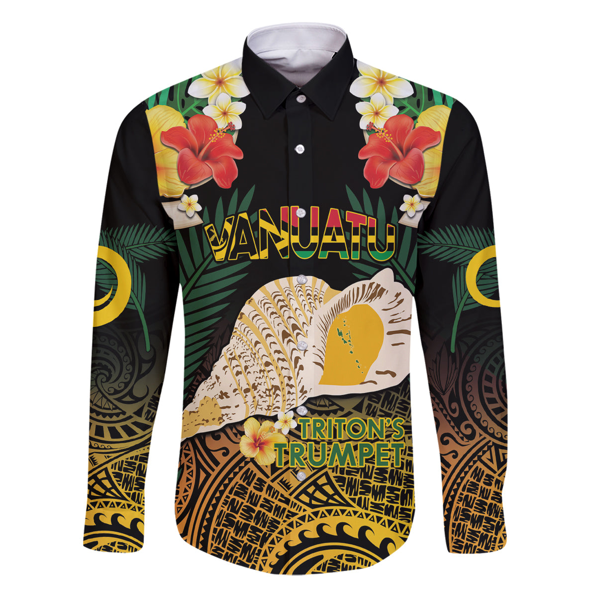 Vanuatu Triton's Trumpet Family Matching Off Shoulder Short Dress and Hawaiian Shirt Tropical Flowers Vanuatuan Map LT14 Dad's Shirt - Long Sleeve Black - Polynesian Pride
