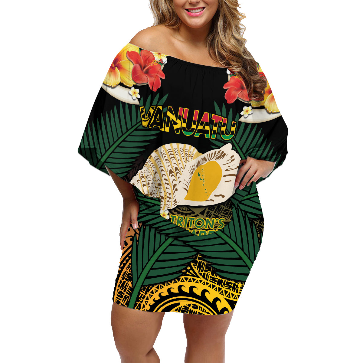 Vanuatu Triton's Trumpet Family Matching Off Shoulder Short Dress and Hawaiian Shirt Tropical Flowers Vanuatuan Map LT14 Mom's Dress Black - Polynesian Pride