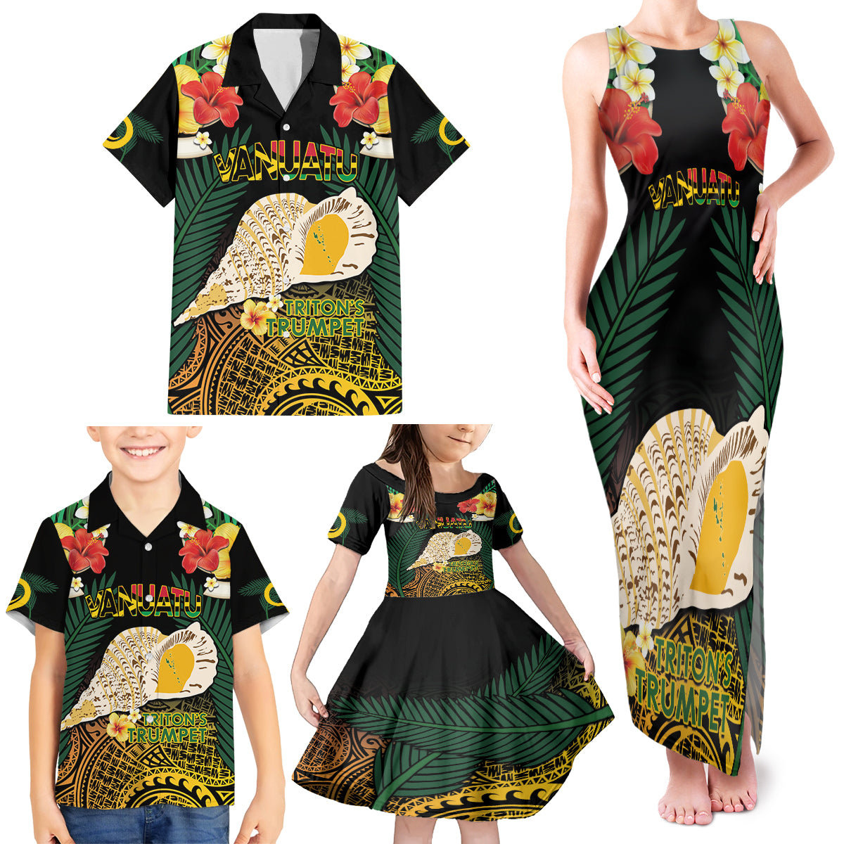 Vanuatu Triton's Trumpet Family Matching Tank Maxi Dress and Hawaiian Shirt Tropical Flowers Vanuatuan Map LT14 - Polynesian Pride