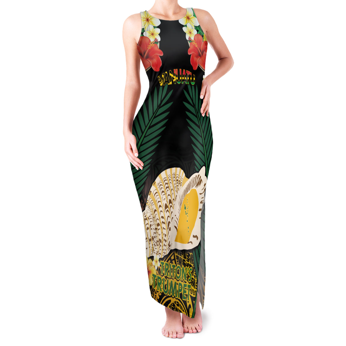 Vanuatu Triton's Trumpet Family Matching Tank Maxi Dress and Hawaiian Shirt Tropical Flowers Vanuatuan Map LT14 Mom's Dress Black - Polynesian Pride
