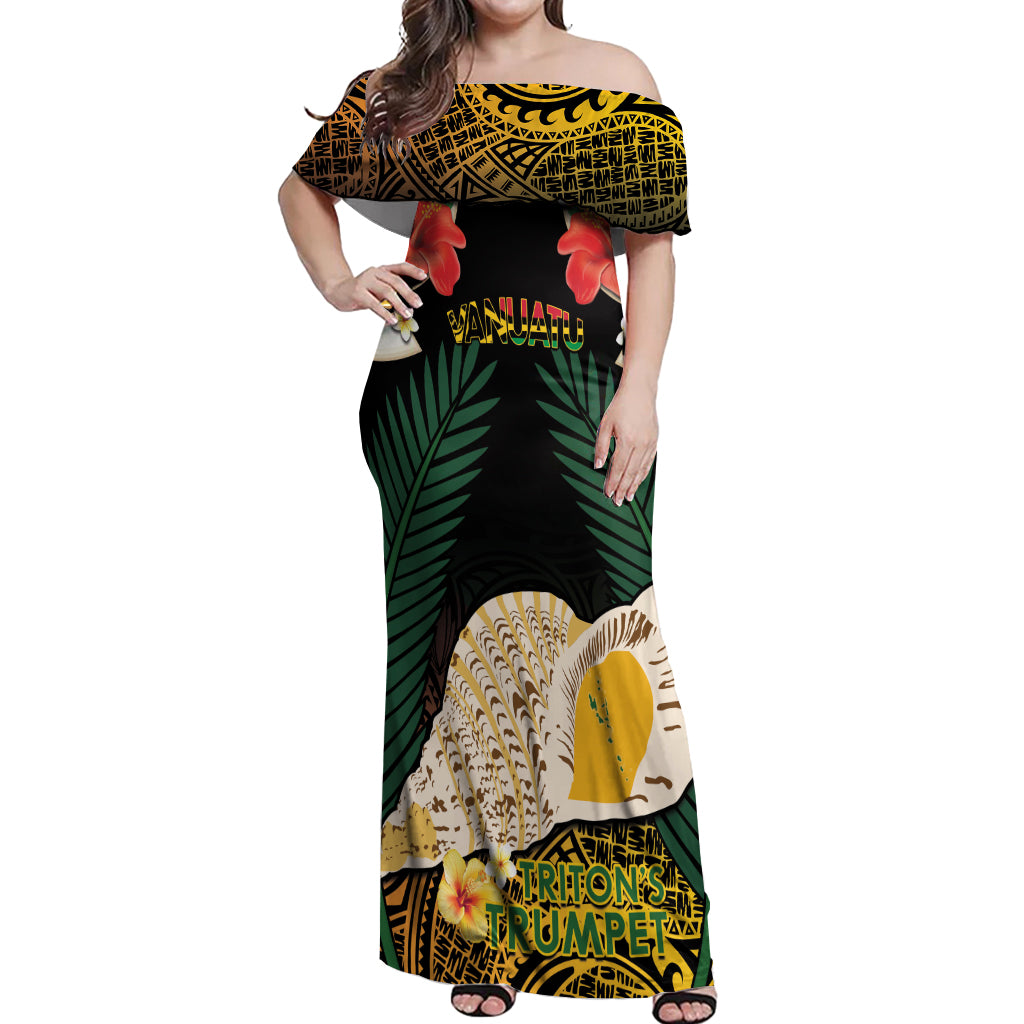 Vanuatu Triton's Trumpet Off Shoulder Maxi Dress Tropical Flowers Vanuatuan Map