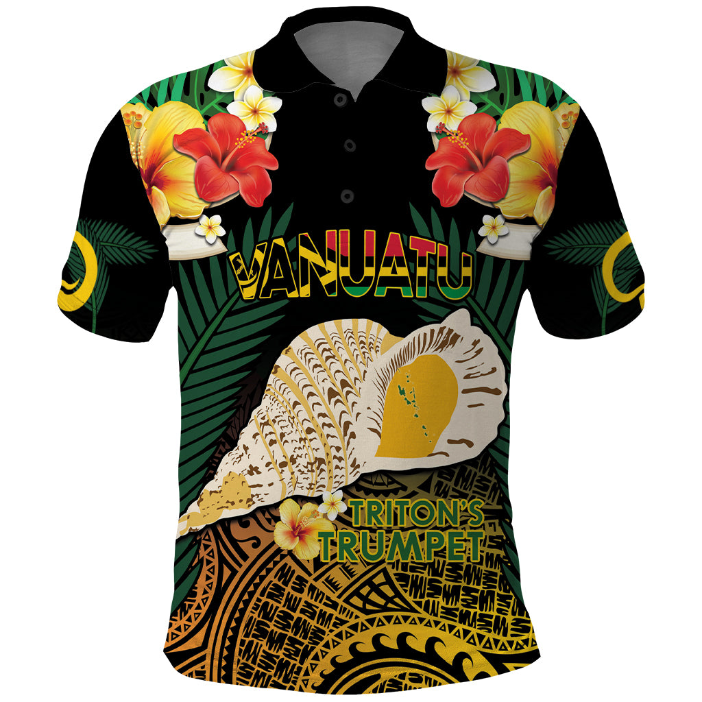 Vanuatu Triton's Trumpet Polo Shirt Tropical Flowers Vanuatuan Map LT14 Black - Polynesian Pride