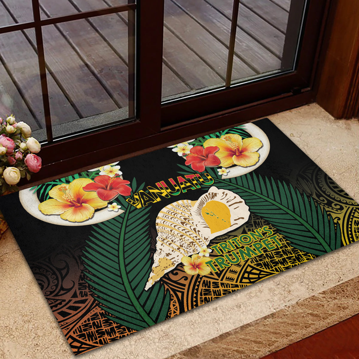 Vanuatu Triton's Trumpet Rubber Doormat Tropical Flowers Vanuatuan Map