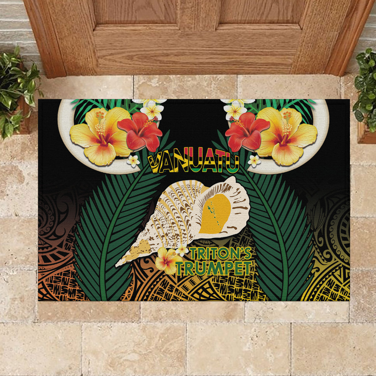 Vanuatu Triton's Trumpet Rubber Doormat Tropical Flowers Vanuatuan Map