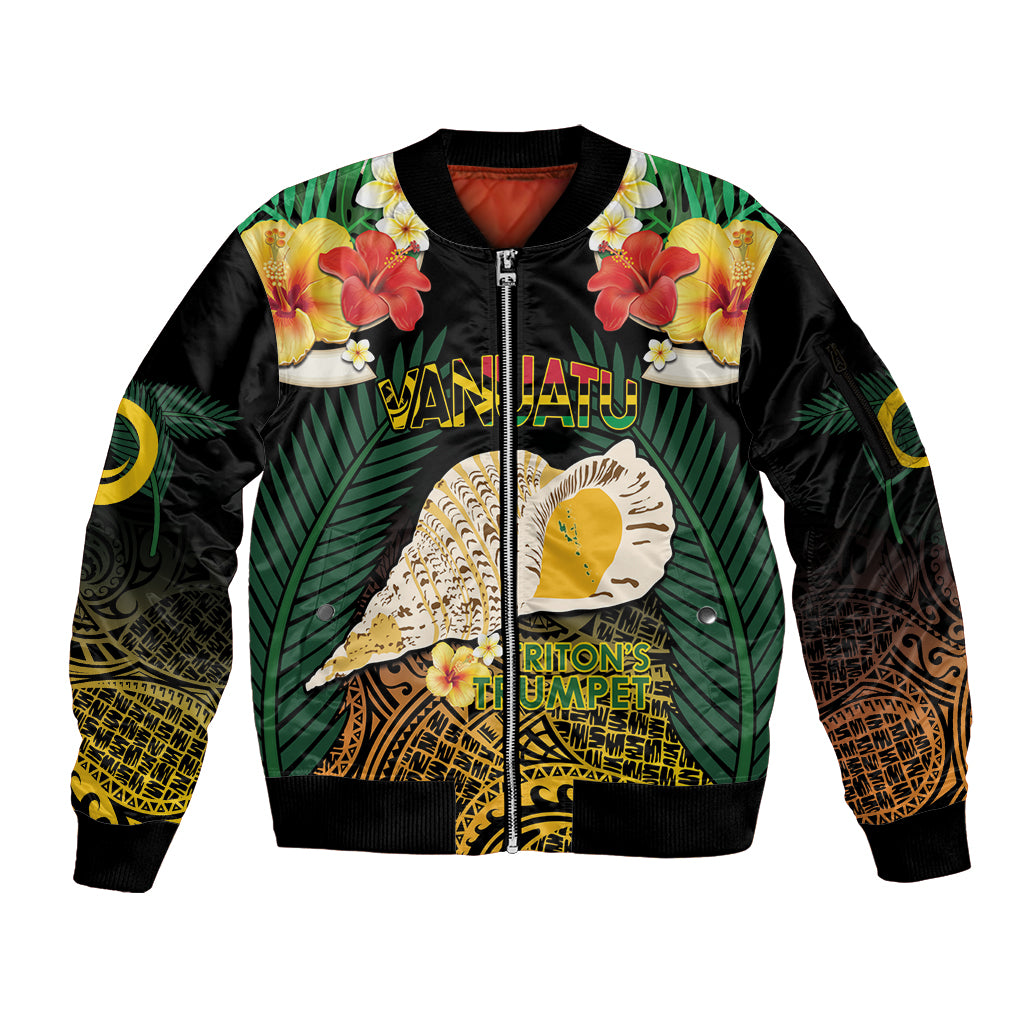 Vanuatu Triton's Trumpet Sleeve Zip Bomber Jacket Tropical Flowers Vanuatuan Map