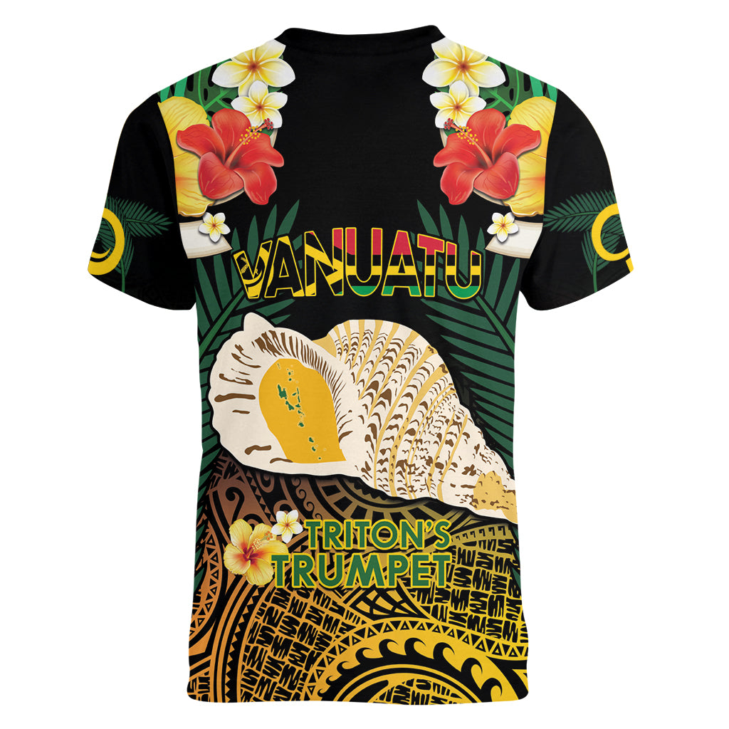 Vanuatu Triton's Trumpet Women V-Neck T-Shirt Tropical Flowers Vanuatuan Map