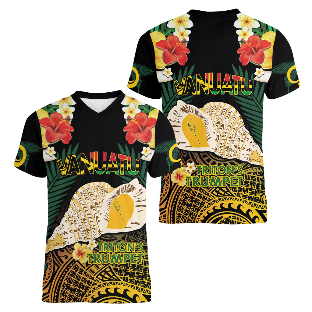 Vanuatu Triton's Trumpet Women V-Neck T-Shirt Tropical Flowers Vanuatuan Map