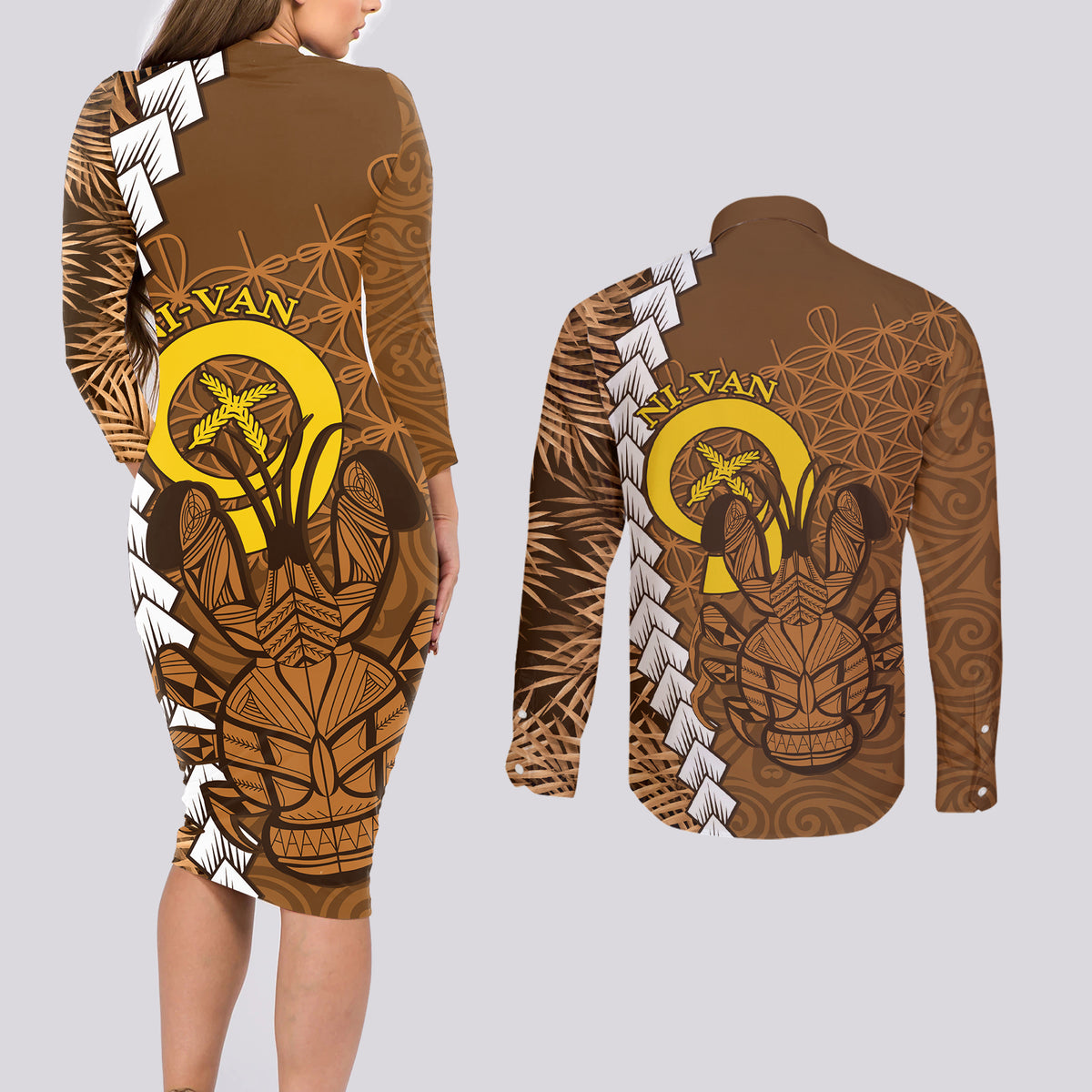 Vanuatu Coconut Crab Couples Matching Long Sleeve Bodycon Dress and Long Sleeve Button Shirt Ni-Van Tropical Leaves With Sand Drawing Art