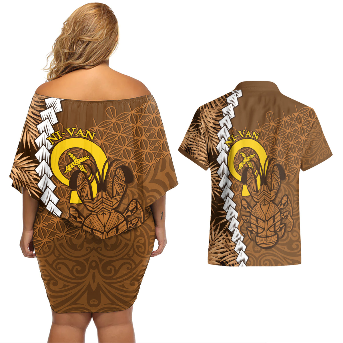 Vanuatu Coconut Crab Couples Matching Off Shoulder Short Dress and Hawaiian Shirt Ni-Van Tropical Leaves With Sand Drawing Art