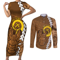 Vanuatu Coconut Crab Couples Matching Short Sleeve Bodycon Dress and Long Sleeve Button Shirt Ni-Van Tropical Leaves With Sand Drawing Art