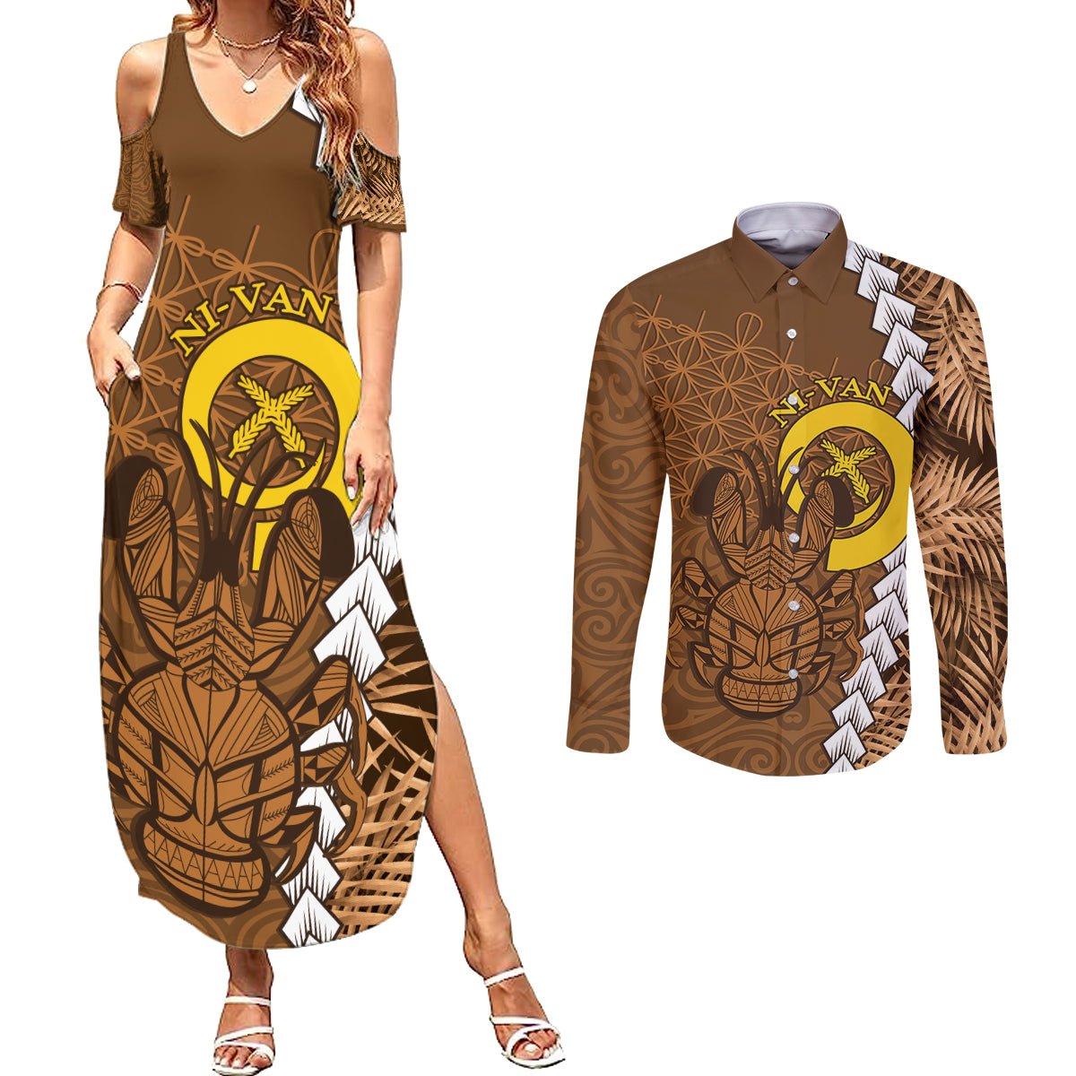 Vanuatu Coconut Crab Couples Matching Summer Maxi Dress and Long Sleeve Button Shirt Ni-Van Tropical Leaves With Sand Drawing Art