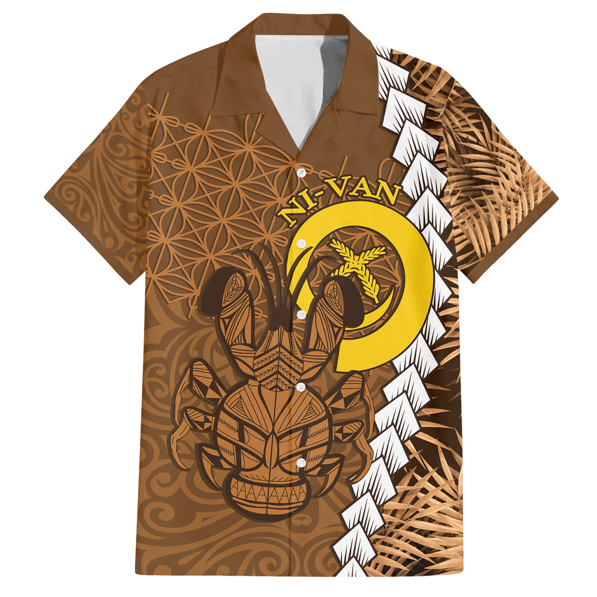 Vanuatu Coconut Crab Family Matching Long Sleeve Bodycon Dress and Hawaiian Shirt Ni-Van Tropical Leaves With Sand Drawing Art LT14 Dad's Shirt - Short Sleeve Brown - Polynesian Pride