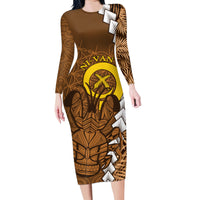 Vanuatu Coconut Crab Family Matching Long Sleeve Bodycon Dress and Hawaiian Shirt Ni-Van Tropical Leaves With Sand Drawing Art LT14 Mom's Dress Brown - Polynesian Pride