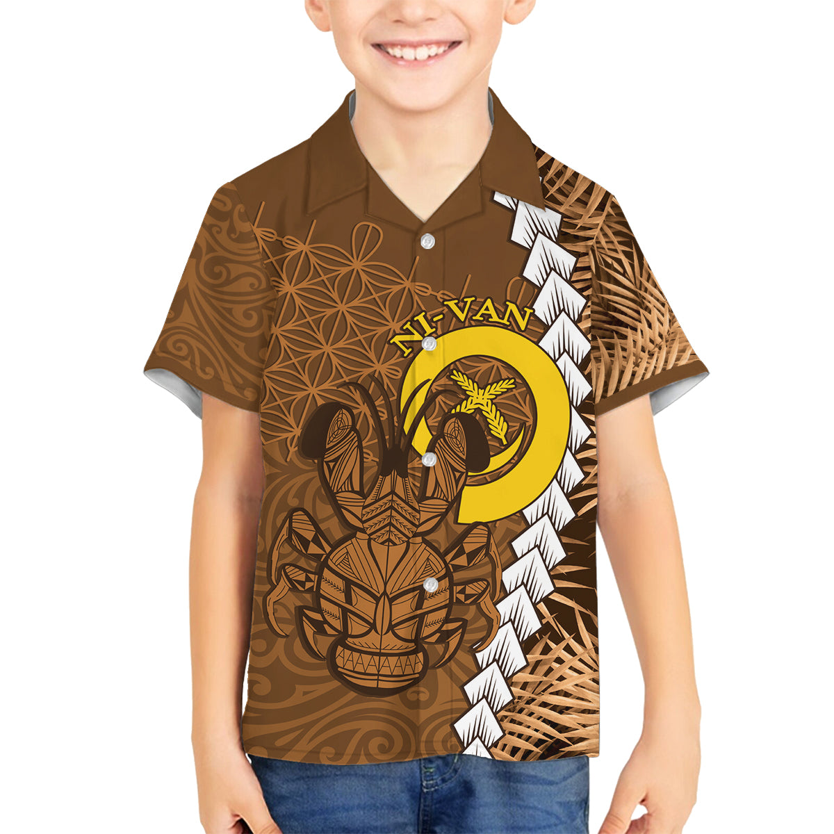 Vanuatu Coconut Crab Family Matching Long Sleeve Bodycon Dress and Hawaiian Shirt Ni-Van Tropical Leaves With Sand Drawing Art LT14 Son's Shirt Brown - Polynesian Pride